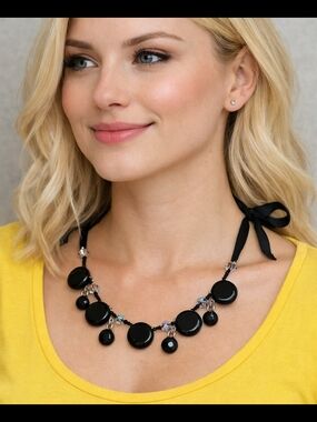Elegant Black Bead Ribbon Necklace – Handmade Statement Piece